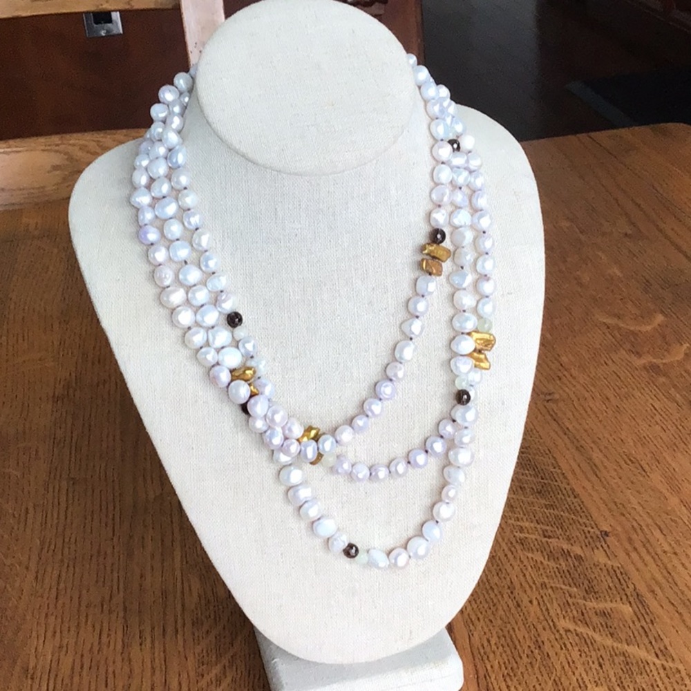 Very pale blue Pearl, smoky Quartz,and rough Quartz three strand necklace